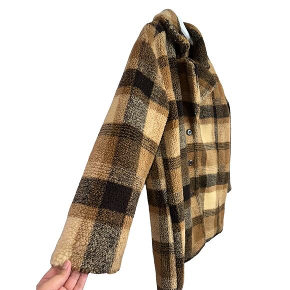 American Eagle Outfitters Brown Plaid Sherpa Teddy Coat Pockets Size Large - Picture 6 of 10